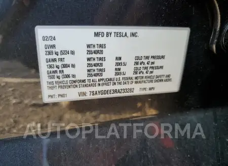 TESLA MODEL Y 2024 vin 7SAYGDEE3RA233282 from auto auction Copart