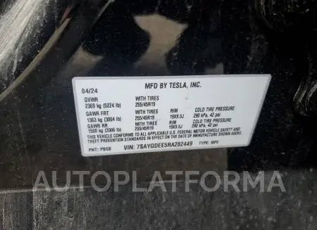 TESLA MODEL Y 2024 vin 7SAYGDEE5RA282449 from auto auction Copart