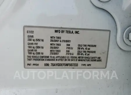 TESLA MODEL Y 2022 vin 7SAYGDEF5NF507233 from auto auction Copart