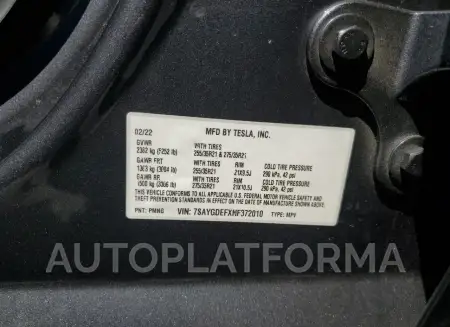 TESLA MODEL Y 2022 vin 7SAYGDEFXNF372010 from auto auction Copart