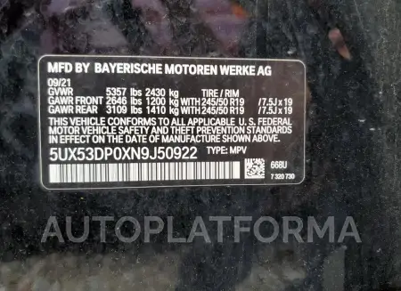 BMW X3 XDRIVE3 2022 vin 5UX53DP0XN9J50922 from auto auction Copart