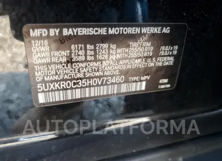 BMW X5 XDRIVE3 2017 vin 5UXKR0C35H0V73460 from auto auction Copart