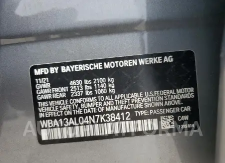 BMW M235XI 2022 vin WBA13AL04N7K38412 from auto auction Copart