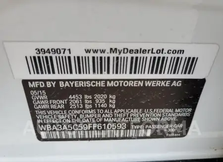 BMW 328 I 2015 vin WBA3A5C59FF610593 from auto auction Copart