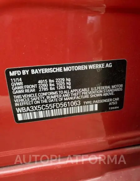 BMW 328 XIGT 2015 vin WBA3X5C55FD561063 from auto auction Copart