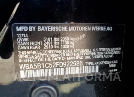 BMW 535 I 2015 vin WBA5B1C52FD922586 from auto auction Copart