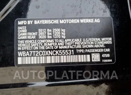 BMW 740 I 2022 vin WBA7T2C0XNCK55531 from auto auction Copart