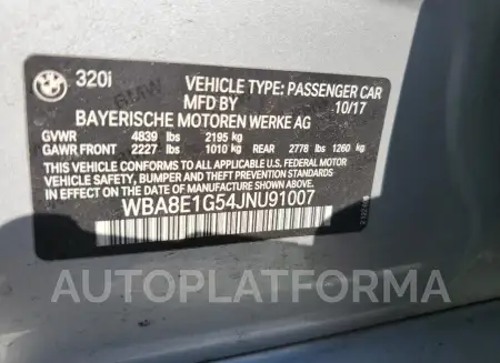 BMW 320 I 2018 vin WBA8E1G54JNU91007 from auto auction Copart