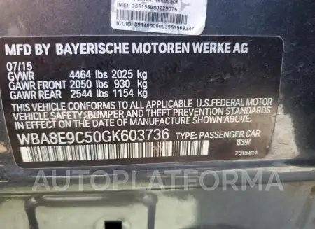 BMW 328 I SULE 2016 vin WBA8E9C50GK603736 from auto auction Copart