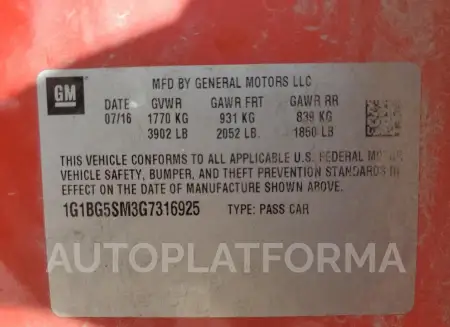 CHEVROLET CRUZE PREM 2016 vin 1G1BG5SM3G7316925 from auto auction Copart