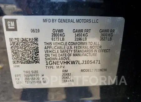 CHEVROLET TRAVERSE L 2020 vin 1GNEVHKW7LJ105471 from auto auction Copart