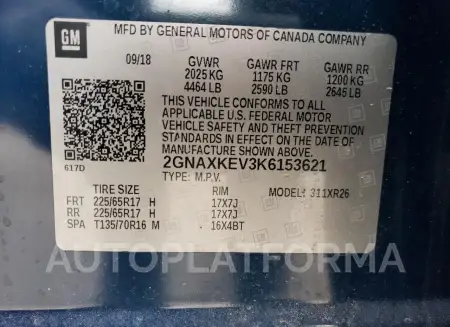 CHEVROLET EQUINOX LT 2019 vin 2GNAXKEV3K6153621 from auto auction Copart