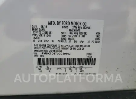 FORD EXPLORER X 2018 vin 1FM5K7D87JGC69562 from auto auction Copart