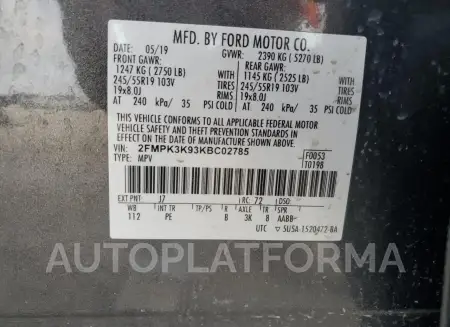 FORD EDGE TITAN 2019 vin 2FMPK3K93KBC02785 from auto auction Copart