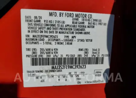 FORD ECOSPORT 2021 vin MAJ3S2FE9MC392623 from auto auction Copart