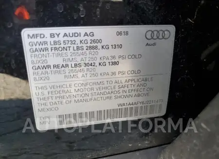 AUDI SQ5 PREMIU 2018 vin WA1A4AFY6J2211473 from auto auction Copart