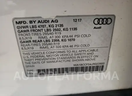 AUDI Q3 PREMIUM 2018 vin WA1BCCFS4JR022553 from auto auction Copart