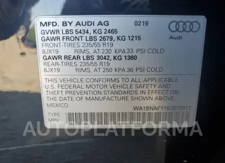 AUDI Q5 PREMIUM 2019 vin WA1BNAFY1K2073912 from auto auction Copart