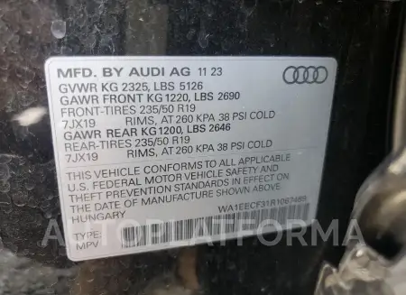 AUDI Q3 PREMIUM 2024 vin WA1EECF31R1067489 from auto auction Copart