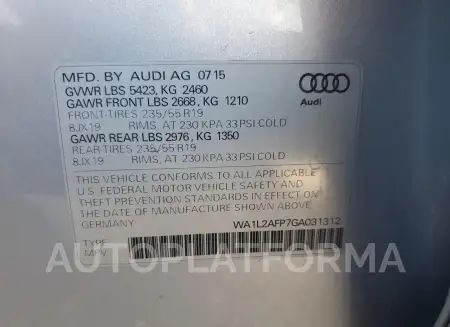 AUDI Q5 PREMIUM 2016 vin WA1L2AFP7GA031312 from auto auction Copart