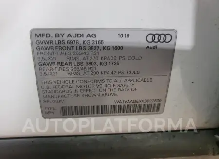 AUDI E-TRON PRE 2019 vin WA1VAAGEXKB022809 from auto auction Copart