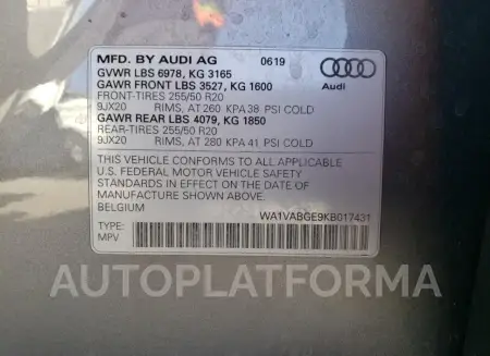 AUDI E-TRON PRE 2019 vin WA1VABGE9KB017431 from auto auction Copart