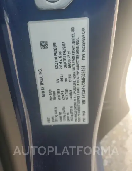 TESLA MODEL 3 2021 vin 5YJ3E1EA2MF058494 from auto auction Copart