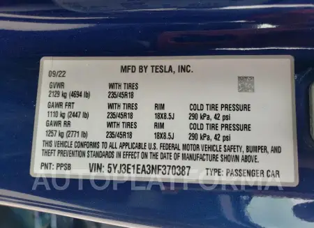 TESLA MODEL 3 2022 vin 5YJ3E1EA3NF370387 from auto auction Copart