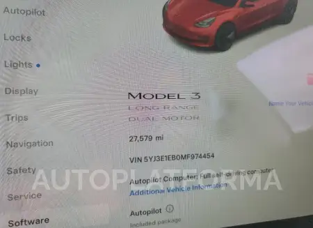 TESLA MODEL 3 2021 vin 5YJ3E1EB0MF974454 from auto auction Copart