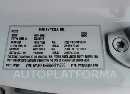 TESLA MODEL 3 2022 vin 5YJ3E1EB0NF211786 from auto auction Copart