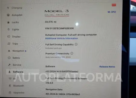 TESLA MODEL 3 2021 vin 5YJ3E1EC8MF926306 from auto auction Copart