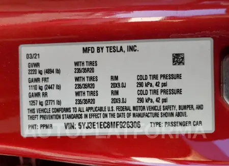 TESLA MODEL 3 2021 vin 5YJ3E1EC8MF926306 from auto auction Copart