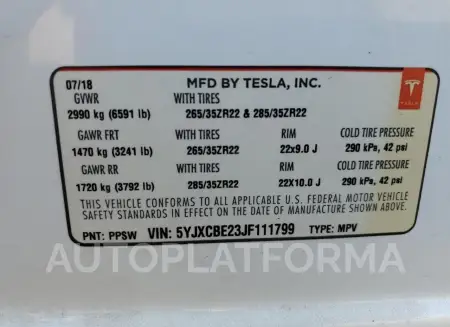 TESLA MODEL X 2018 vin 5YJXCBE23JF111799 from auto auction Copart