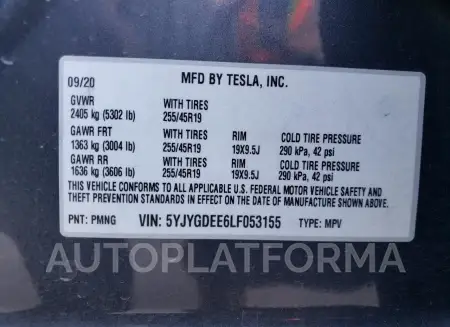 TESLA MODEL Y 2020 vin 5YJYGDEE6LF053155 from auto auction Copart