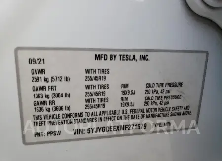 TESLA MODEL Y 2021 vin 5YJYGDEEXMF271679 from auto auction Copart