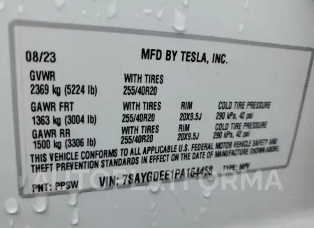 TESLA MODEL Y 2023 vin 7SAYGDEE1PA164458 from auto auction Copart