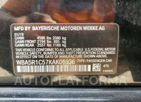 BMW 330I 2019 vin WBA5R1C57KAK06936 from auto auction Copart