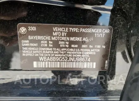 BMW 330 I 2018 vin WBA8B9G52JNU98674 from auto auction Copart