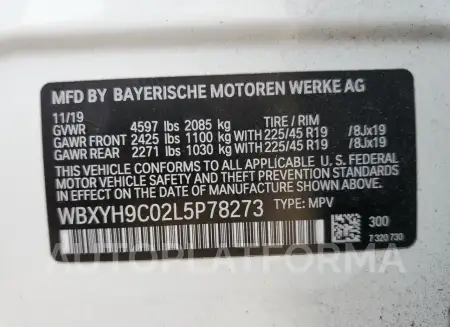 BMW X2 SDRIVE2 2020 vin WBXYH9C02L5P78273 from auto auction Copart