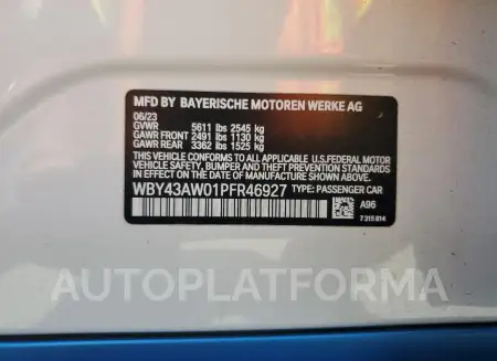 BMW I4 EDRIVE 2023 vin WBY43AW01PFR46927 from auto auction Copart