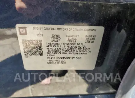 CHEVROLET IMPALA PRE 2019 vin 2G1105S35K9121598 from auto auction Copart