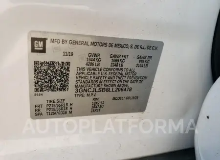 CHEVROLET TRAX 1LT 2020 vin 3GNCJLSB6LL206478 from auto auction Copart