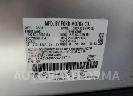 FORD EXPLORER X 2018 vin 1FM5K8D87JGA74714 from auto auction Copart