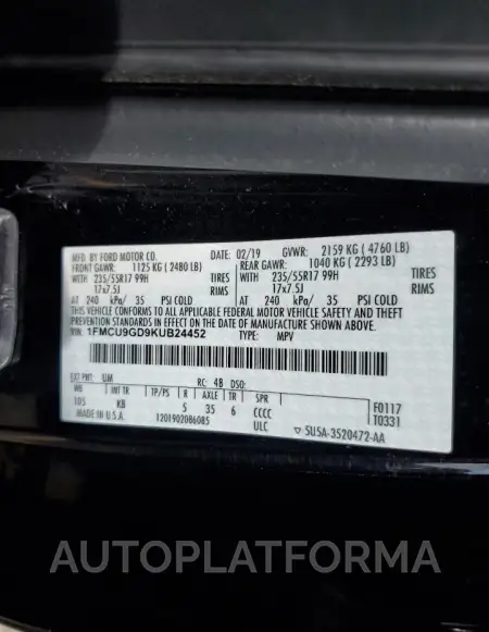 FORD ESCAPE SE 2019 vin 1FMCU9GD9KUB24452 from auto auction Copart