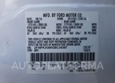 FORD EDGE SE 2016 vin 2FMPK3G90GBC34397 from auto auction Copart