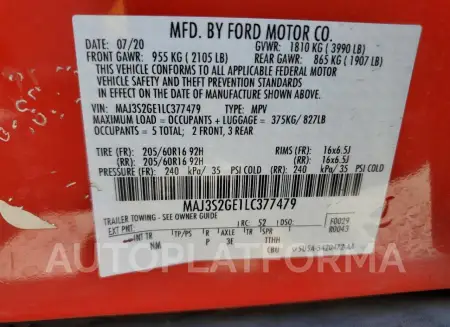 FORD ECOSPORT S 2020 vin MAJ3S2GE1LC377479 from auto auction Copart