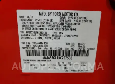 FORD ECOSPORT S 2019 vin MAJ6S3GL1KC257536 from auto auction Copart