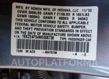 HONDA INSIGHT EX 2021 vin 19XZE4F54ME006738 from auto auction Copart