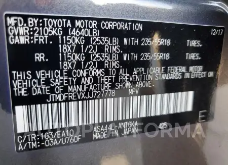 TOYOTA RAV4 LIMIT 2018 vin JTMDFREVXJJ727778 from auto auction Copart