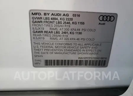 AUDI Q3 PREMIUM 2016 vin WA1EFCFS7GR019918 from auto auction Copart